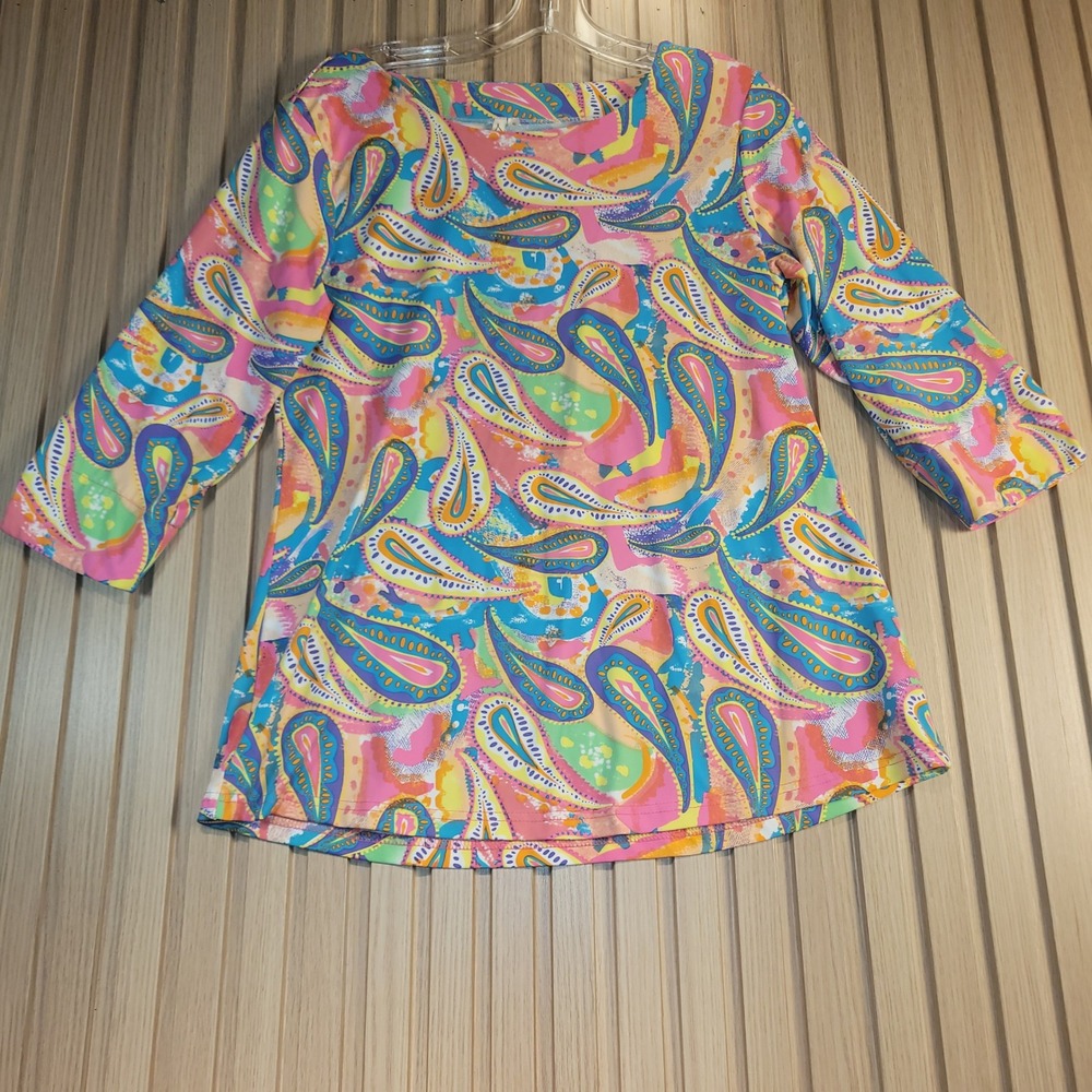 Lulu-B Womens Small Pink Blue Paisley Boat Neck 3/4 Sleeve Nylon Spandex Top